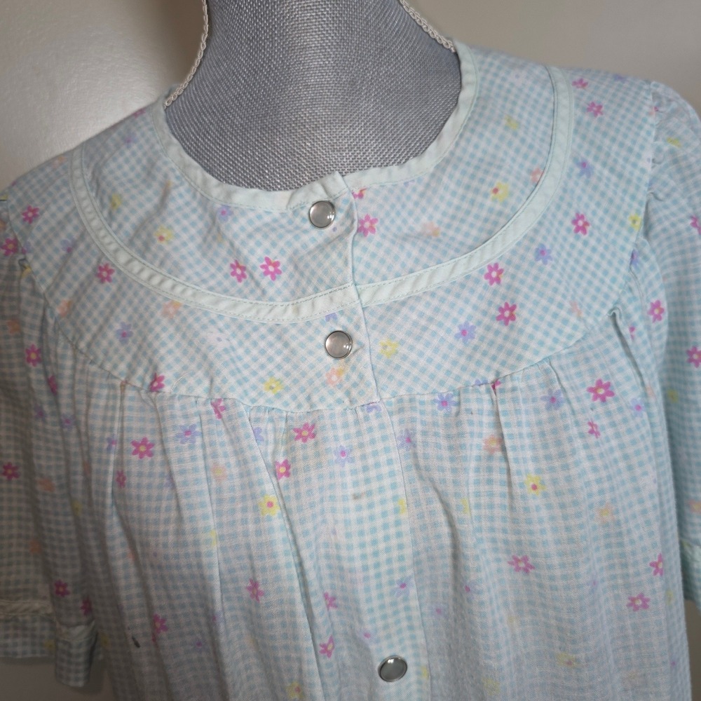 Moon Dance Blue Gingham Floral Snap Front House Dress Duster Robe Large Vintage